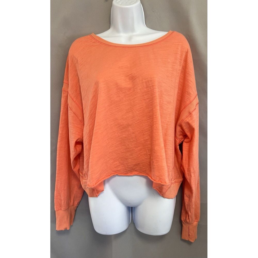 Women's Oversized Cropped Long Sleeve Activewear Top Orange Cotton Size L